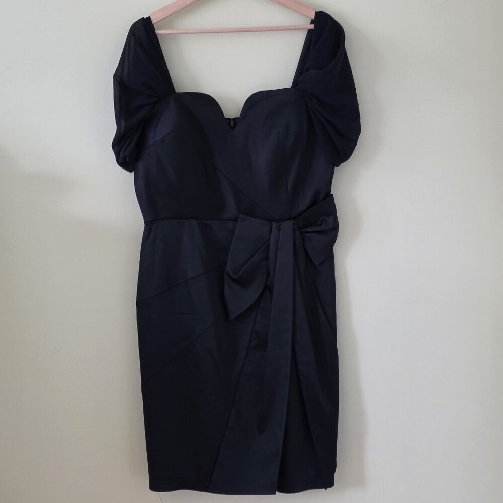 Catherine Malandrino Satin Dress XL Black Mini Lined Chiffon SS Bow LBD Cocktail - Picture 1 of 16
